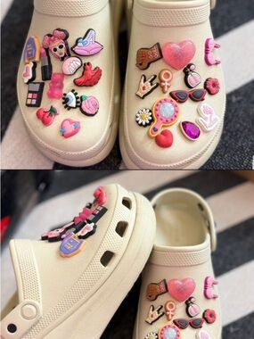 CROCS Beige Platform Clogs with Pink Charm Accents